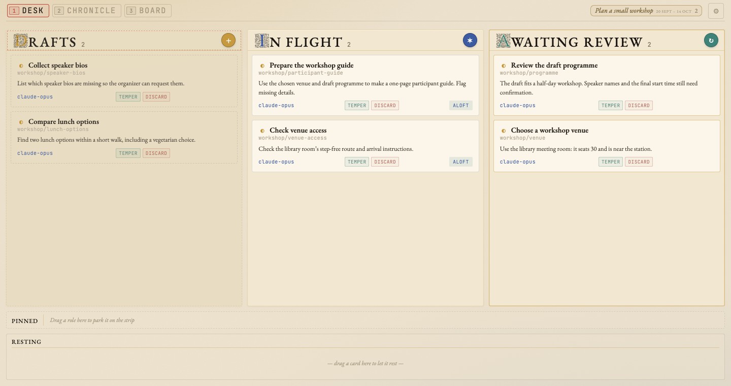 The Desk with fictional workshop tasks: lunch options and speaker bios in Drafts, the participant guide and venue access In Flight, and the programme and venue decision Awaiting Review.