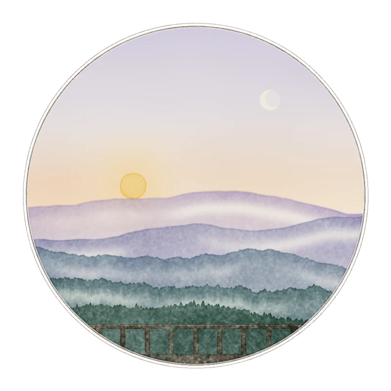 A painted roundel: the sun rising over misty violet and hemlock ridges, a waning crescent moon still up, seen over a porch rail.